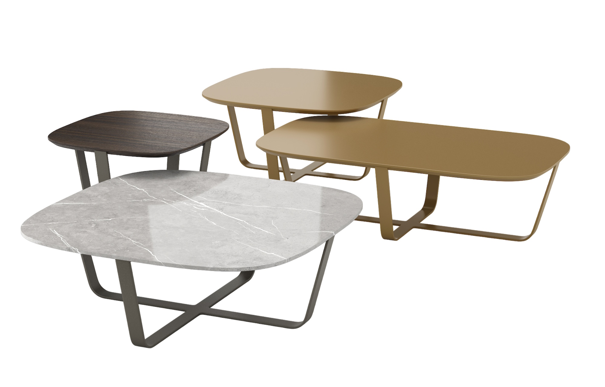 Nook Beistelltische von Cor: Couchtische in Marmor, Holz und Gold mit modernem Metallgestell.