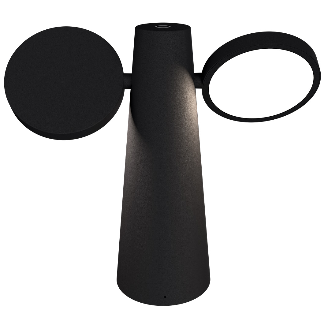 Schwarze Oto Tischleuchte von Fermob, modernes Design mit runden Leuchtelementen, ideal für den Tisch.
