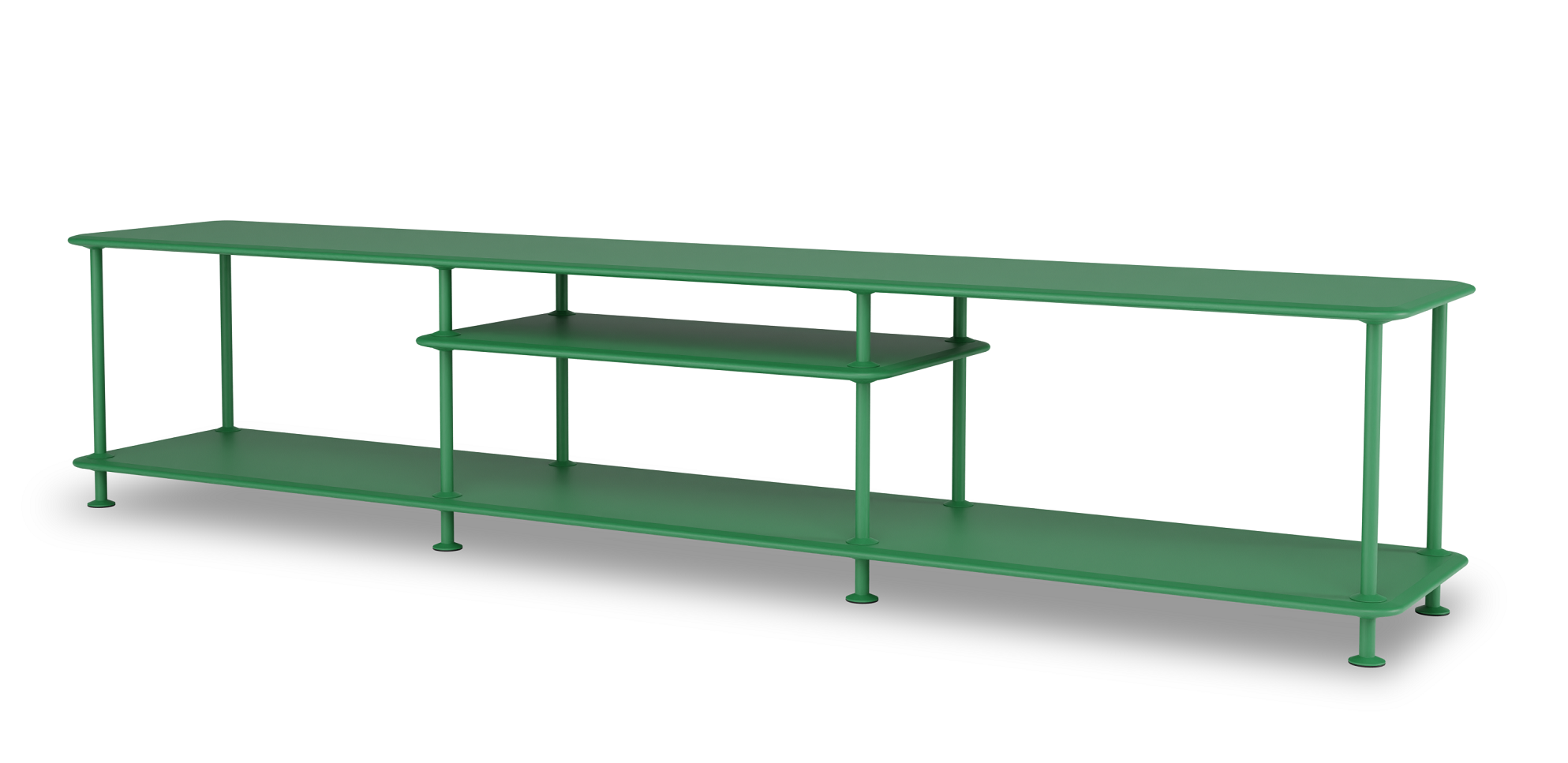 Grünes Montana Free Regal mit drei Ebenen, modernes Design für Wohnzimmer und Büro.