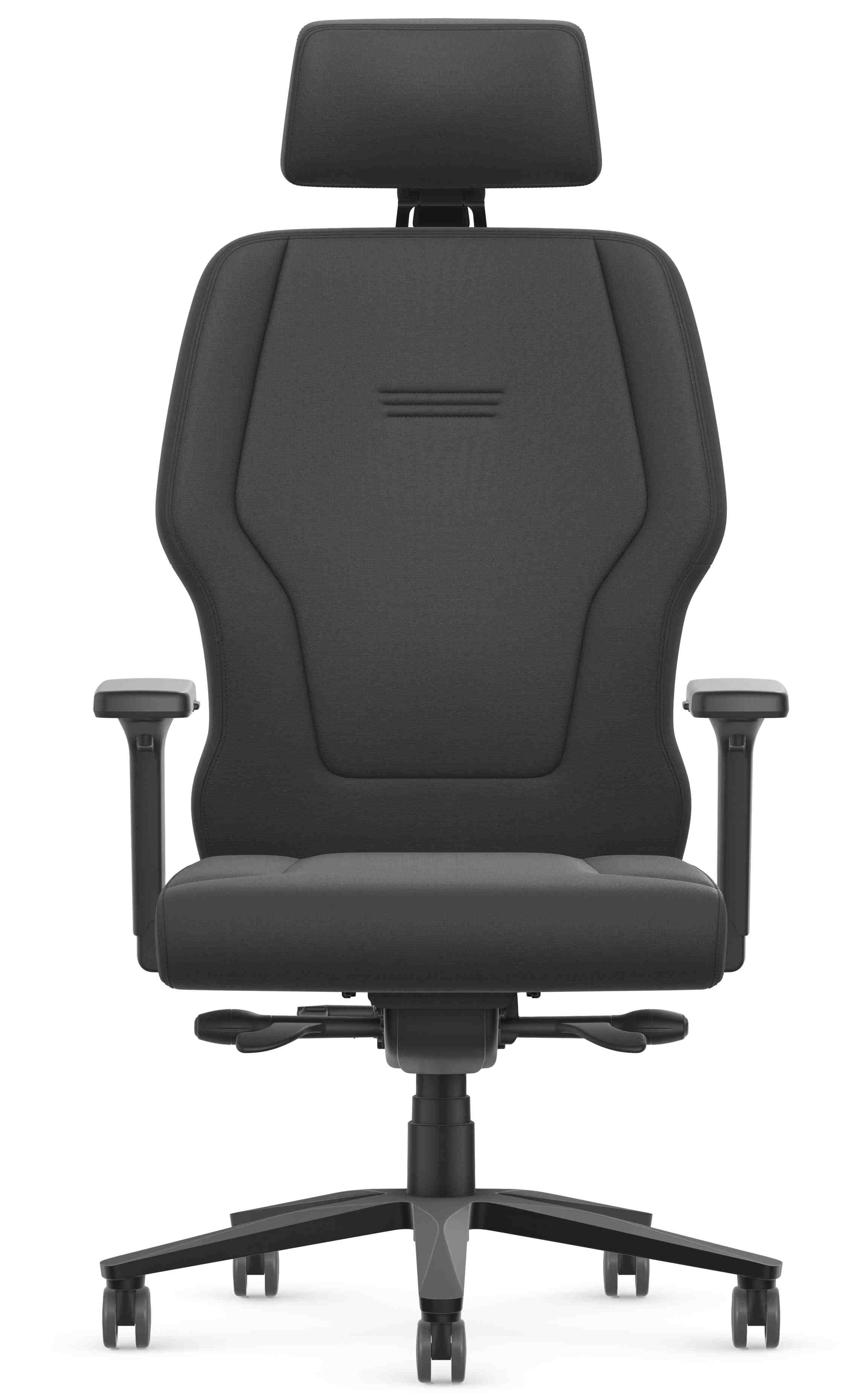 Schwarzer XXL Interstuhl Schwerlaststuhl XL113 mit hoher Rückenlehne und Kopfstütze, Frontansicht.