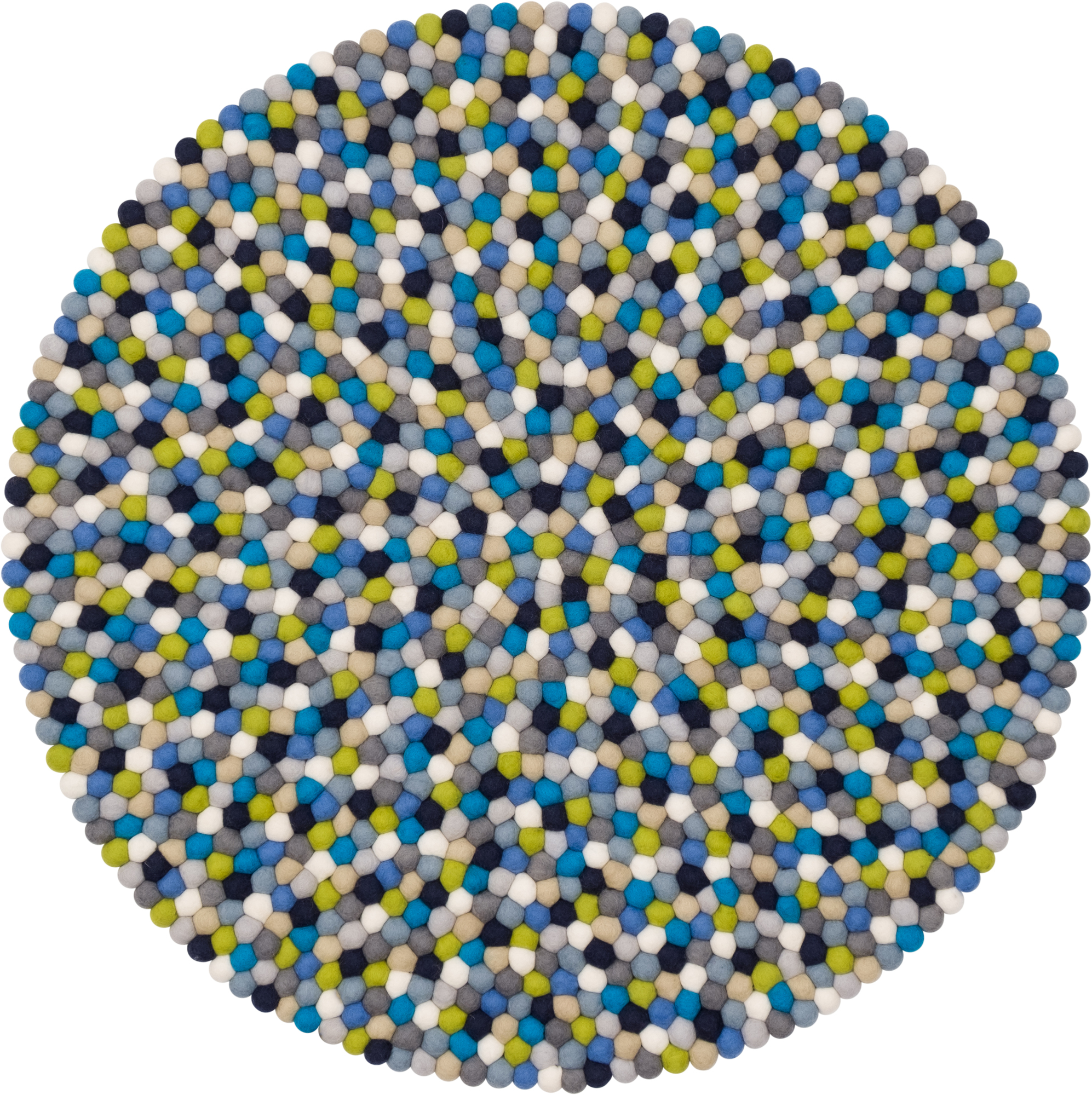 Runder Myfelt Filzkugel Teppich Fritz, 120 cm Durchmesser, mit bunten Filzkugeln.