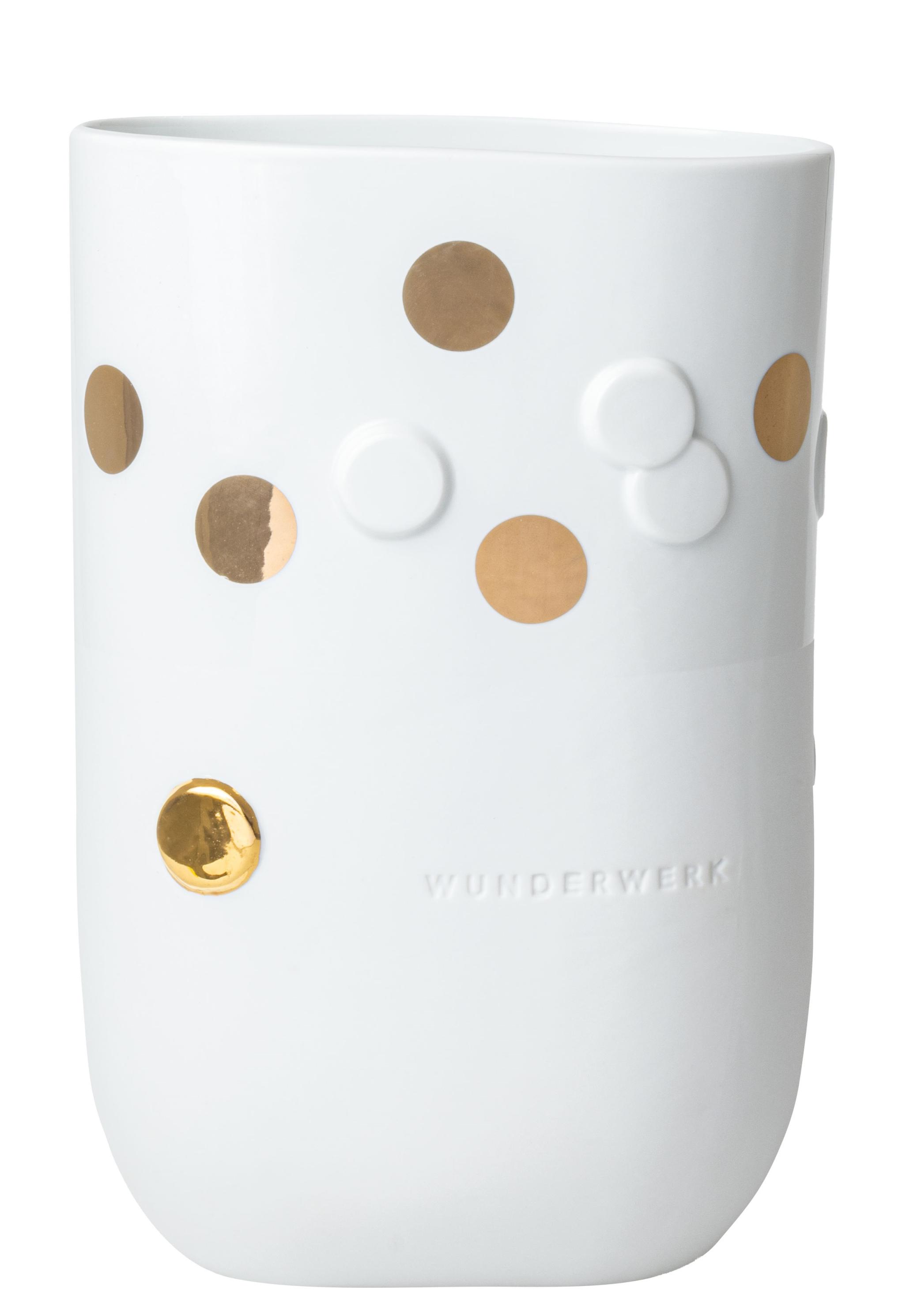 Weiße Wunderwerk Vase mit goldenen Punkten und erhabenen Kreisen, moderne Dekoration für Blumen.