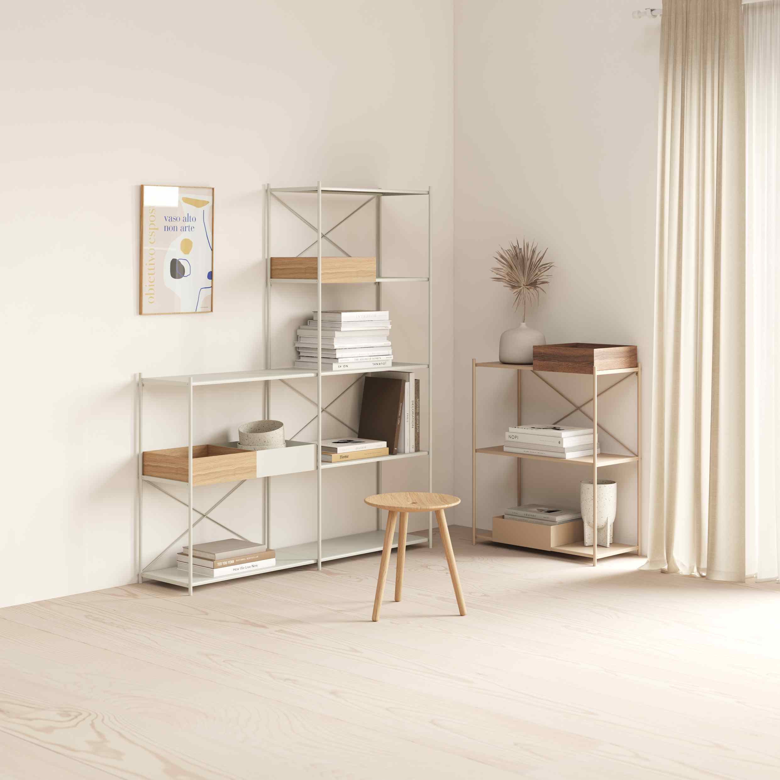 Arturo Anbaumodul Regal mit drei Modulen in Weiß und Holz, modernes Wohnzimmer Design.