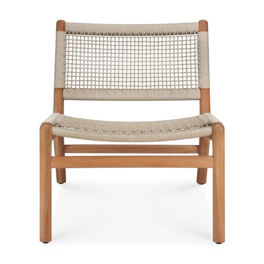 Jack Loungesessel für den Außenbereich von Ethnicraft: Teakholzrahmen mit beige Kordelgeflecht.