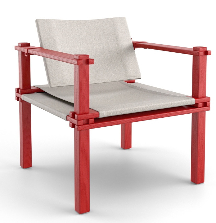 Farmer Sessel Outdoor Cor: Roter Holzrahmen mit beigem Stoff, moderner Gartenstuhl für Terrasse und Balkon.