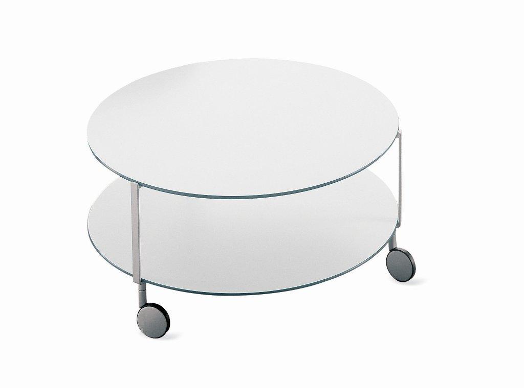 Giro Beistelltisch von Zanotta: Runder, weißer Beistelltisch mit zwei Ebenen und Rollen.
