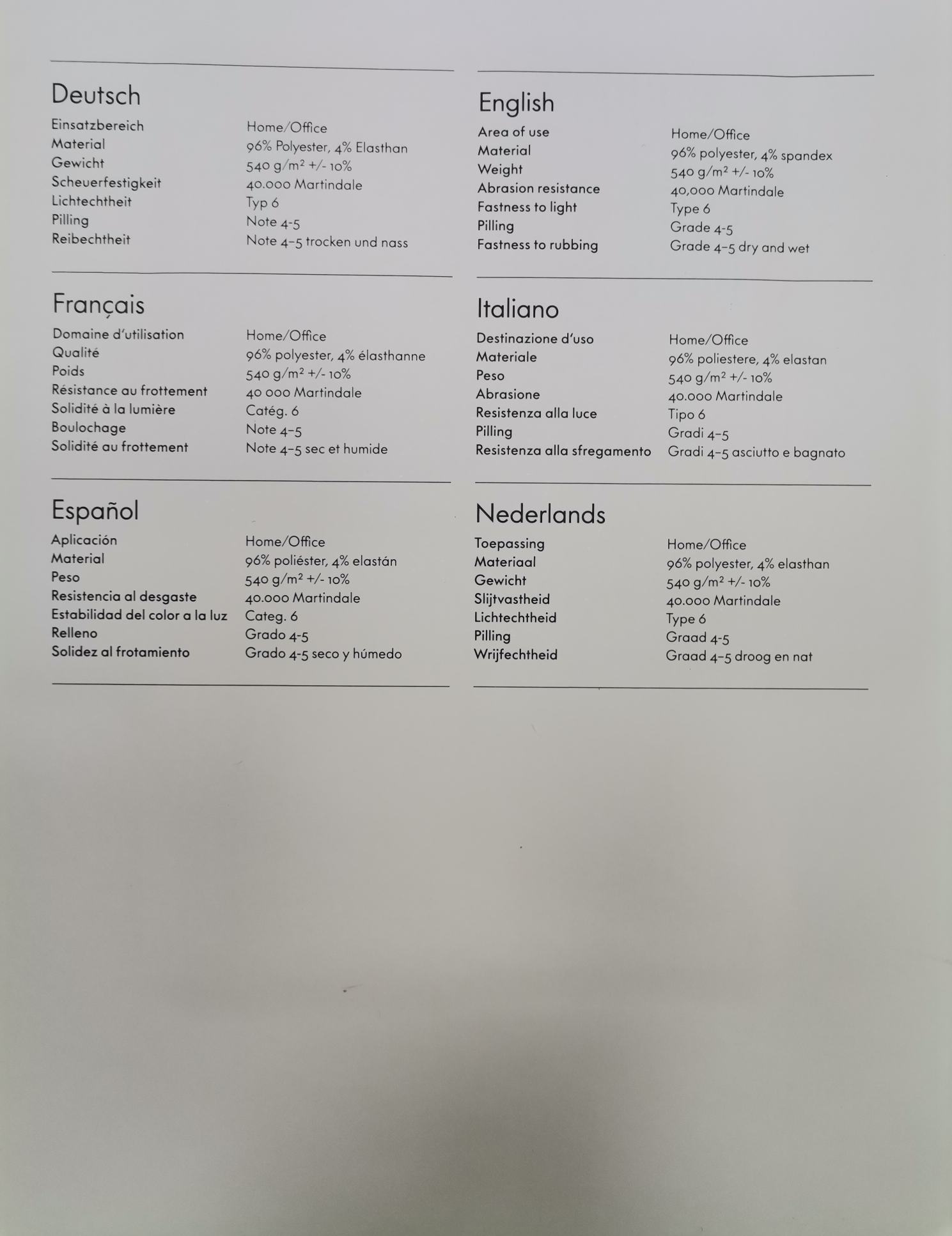 Detailaufnahme der Stoffmusterkarte Duo Knit Vitra: Materialeigenschaften und technische Daten.