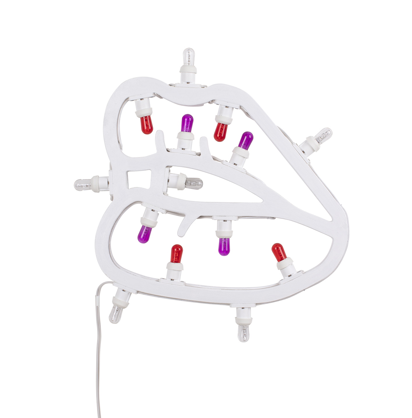 Weiße Hotlight Lips LED Leuchte von Seletti mit roten und lila Leuchtmitteln. Design Lampe.