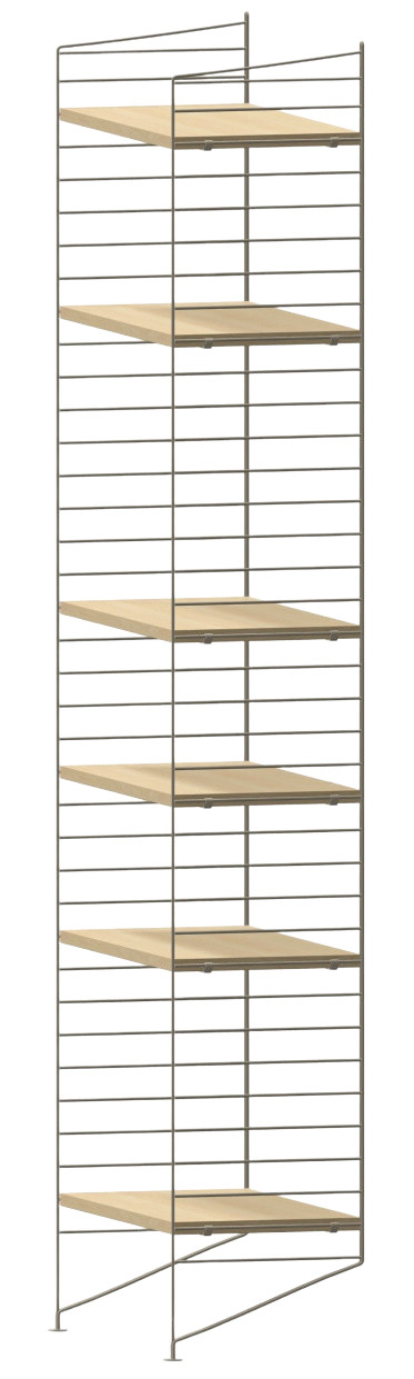 Wohnzimmer String Furniture Regalsystem KONFIGURATIONEN L5 mit hellem Holz und filigranem Metallgestell.
