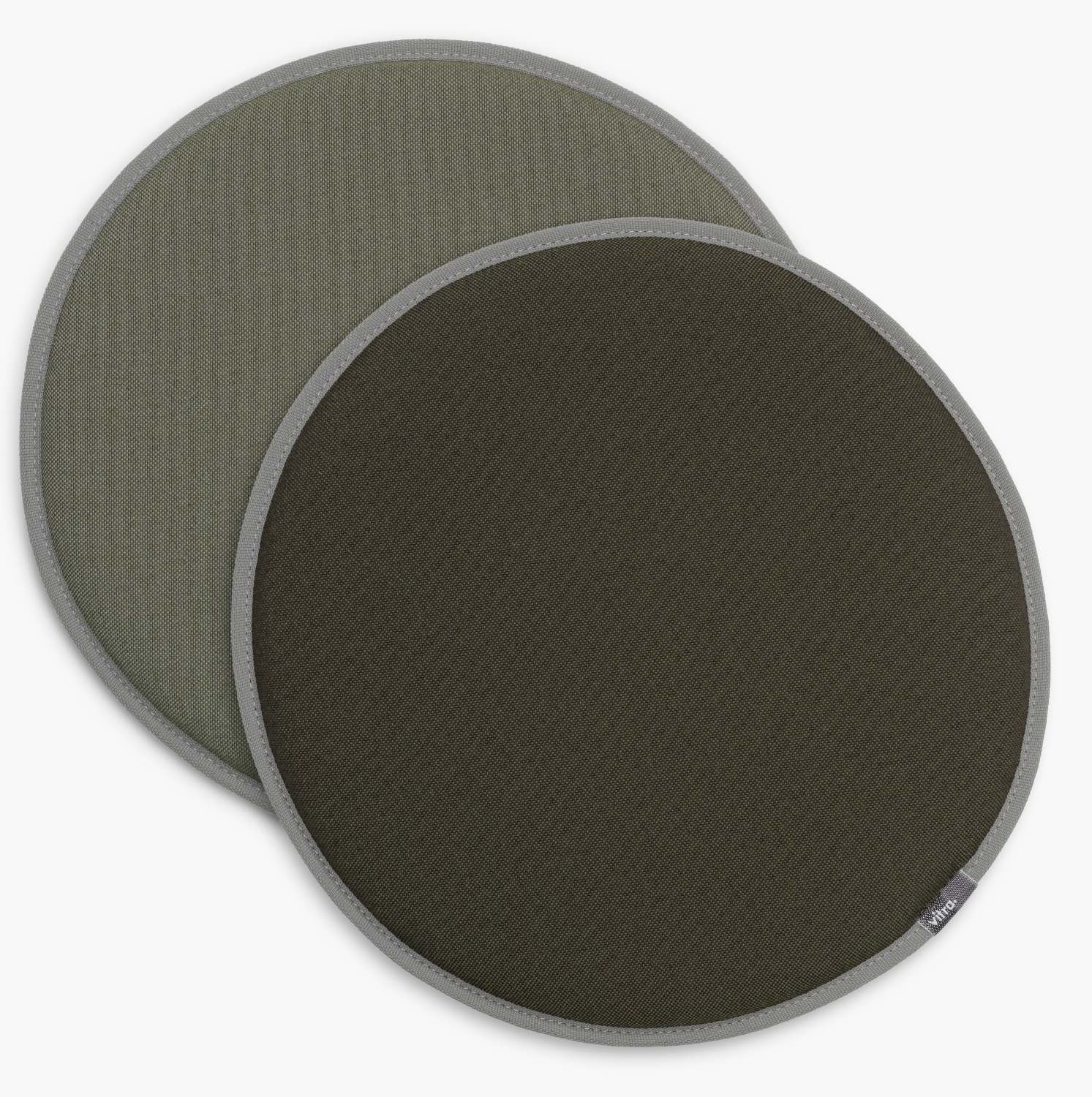 Seat Dot Sitzkissen von Vitra in Waldgrün und Sierragrau, runde Form.