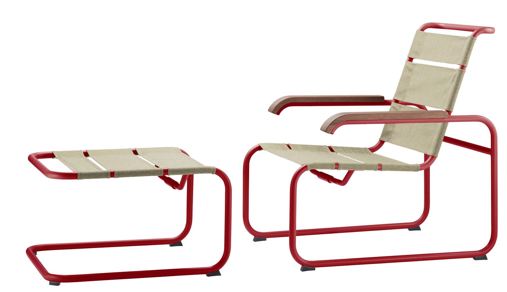 Thonet S 35 NH All Seasons Outdoor Hocker und Sessel mit rotem Stahlrohrgestell und Textilbespannung.
