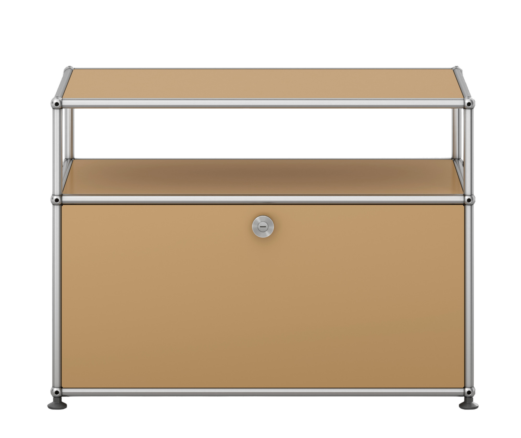 Beige USM Haller Möbel mit Klappe und Regalfach, modernes Design für Wohnzimmer und Büro.