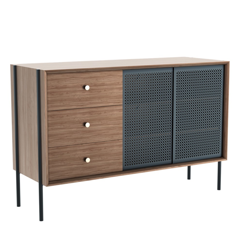 Gabin Sideboard von Hartô: Holz Kommode mit drei Schubladen und perforierten Schiebetüren.