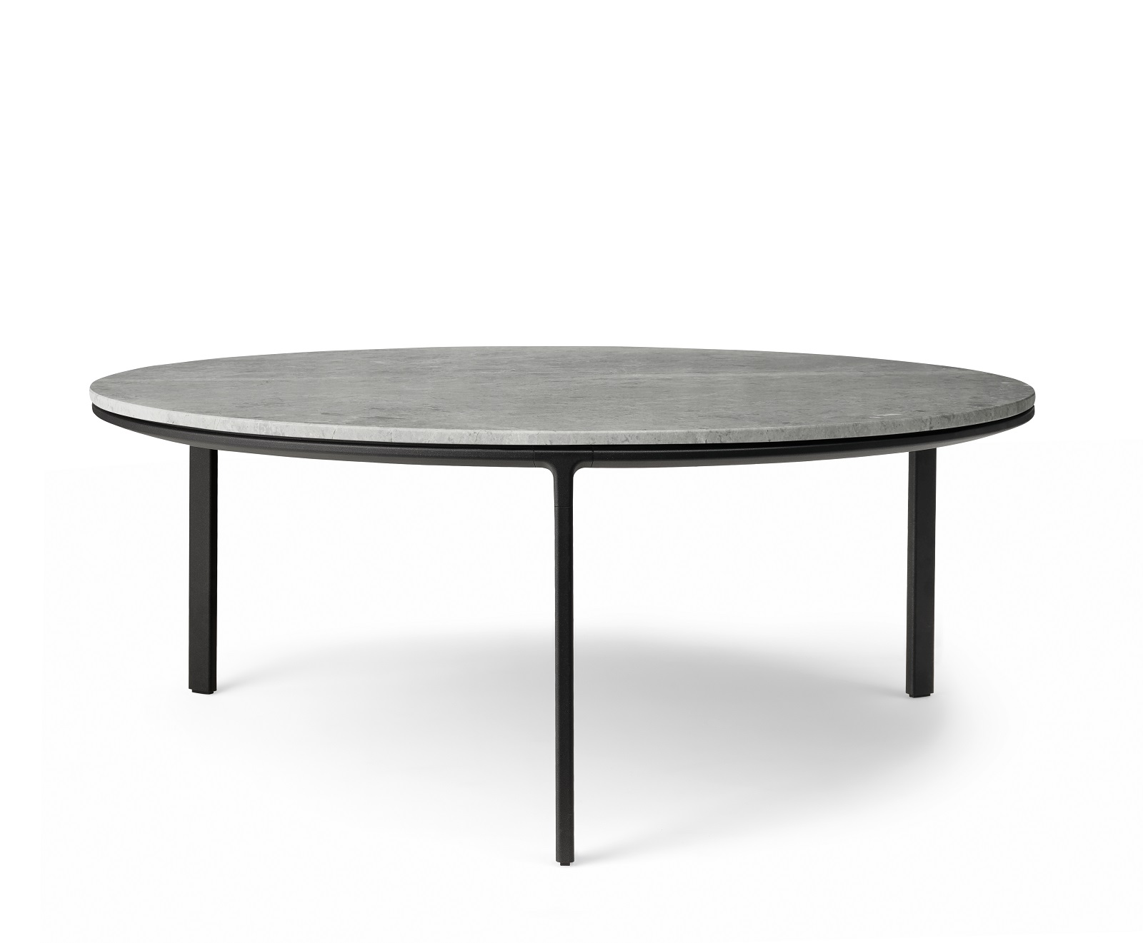 Moderner, runder Couchtisch Vipp mit grauer Tischplatte und schwarzem Metallgestell. Design Couchtisch.