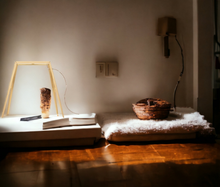 Nahaufnahme der modernen Bridge Tischleuchte von Foscarini in Messingoptik. Design Lampe für Wohnzimmer und Schlafzimmer.