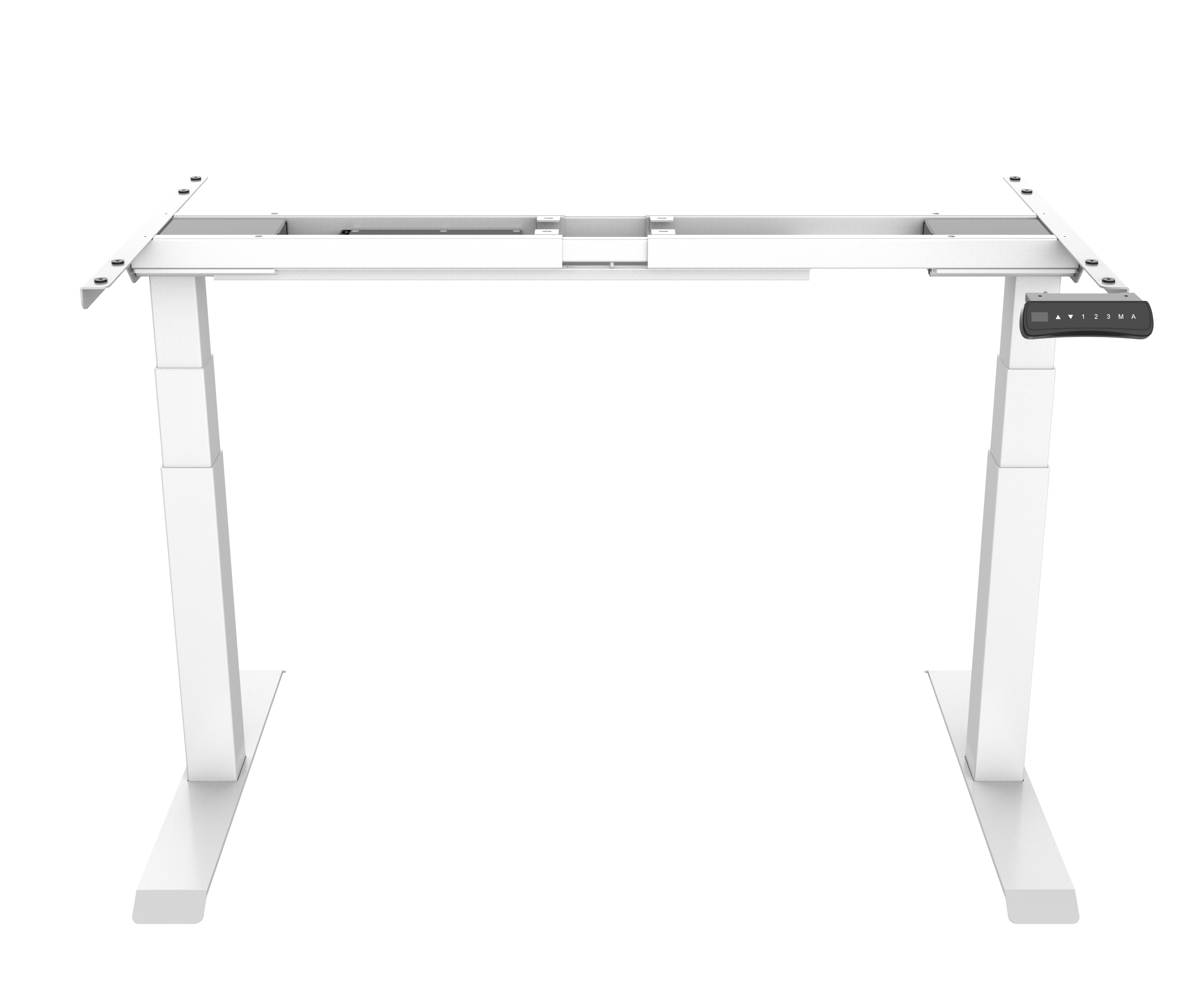 Weißes Hiplift Untergestell für Schreibtisch, elektrisch höhenverstellbar mit Bedienelementen, büroforum.