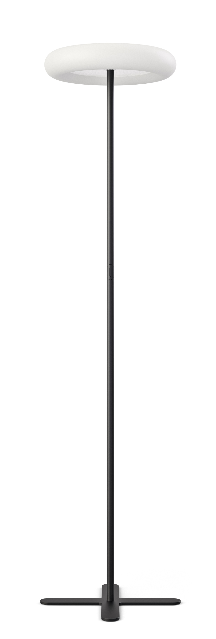 Schwarze Oto Stehleuchte mit Kreuzfuß und runder, weißer Lichtfläche für Büro und Wohnraum.