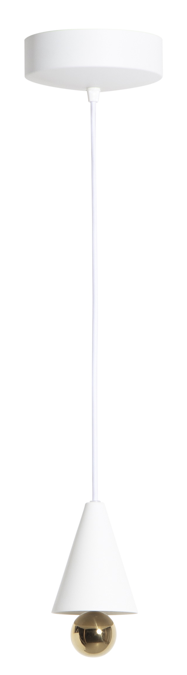 Weiße Cherry Pendelleuchte XS von Petite Friture mit goldener Kugel, moderne Hängelampe.