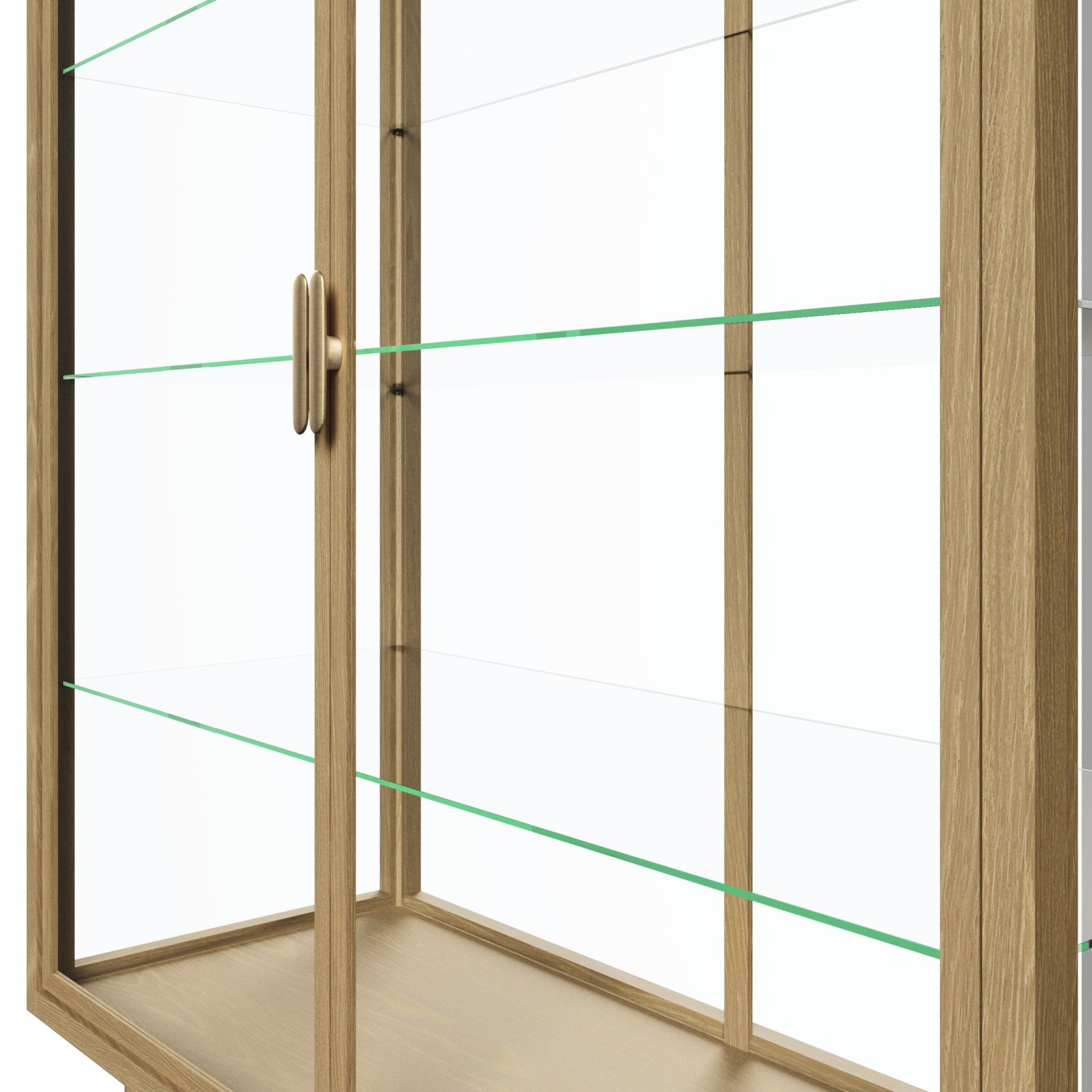 Detailaufnahme: Gubi Private Vitrine aus hellem Eichenfurnier mit Glastüren und Regalböden.