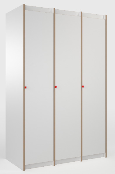 Weißer Tojo Steh Schrank Grundmodul mit drei Türen und roten Griffen. Moderner Kleiderschrank für Schlafzimmer.