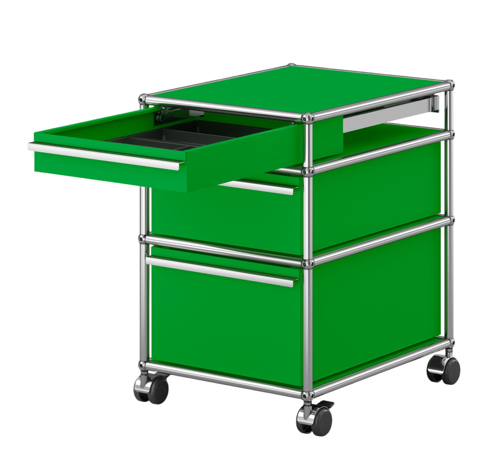 USM Haller Rollcontainer in Grün mit drei Schubladen, eine Schublade ist geöffnet, Chromgestell und Rollen.