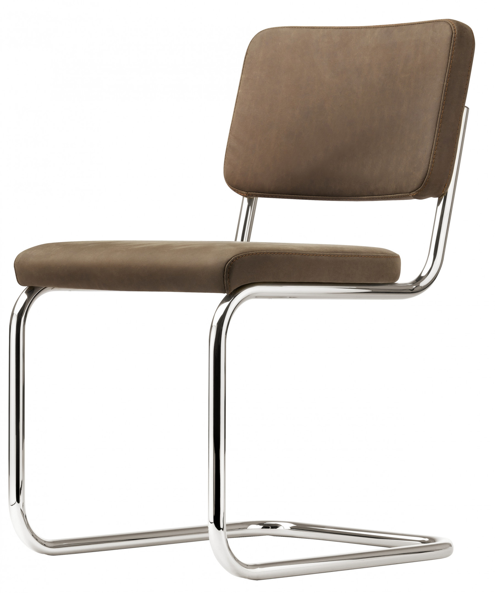 S 32 PV Thonet Freischwinger Stuhl mit braunem Leder und Stahlrohr Gestell, ein Designklassiker.