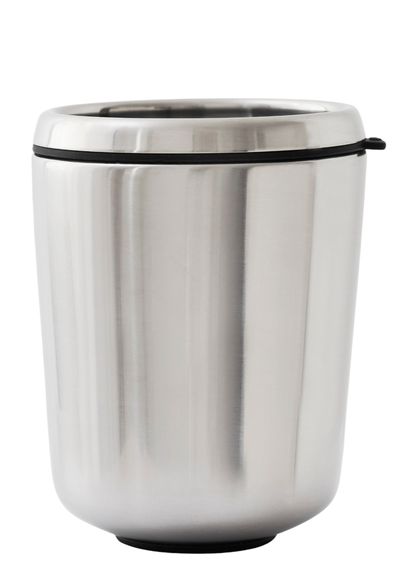 Vipp Zahnbürstenhalter aus Edelstahl, zylindrisch, mit schwarzem Gummiring und schwarzem Fuß für Badezimmer.