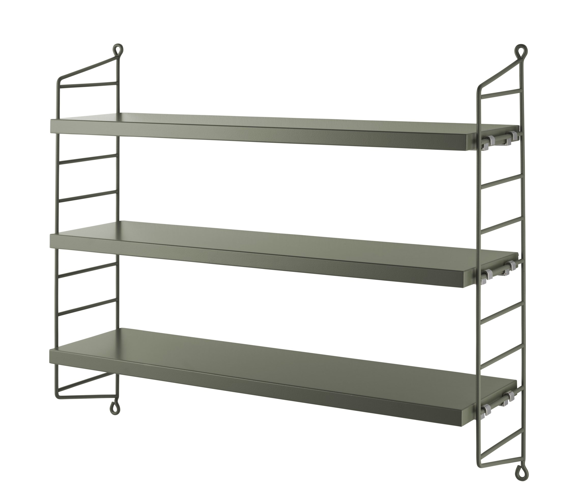 String Pocket Regal in Salbei: Modernes Wandregal mit drei Regalböden für stilvolle Aufbewahrung.