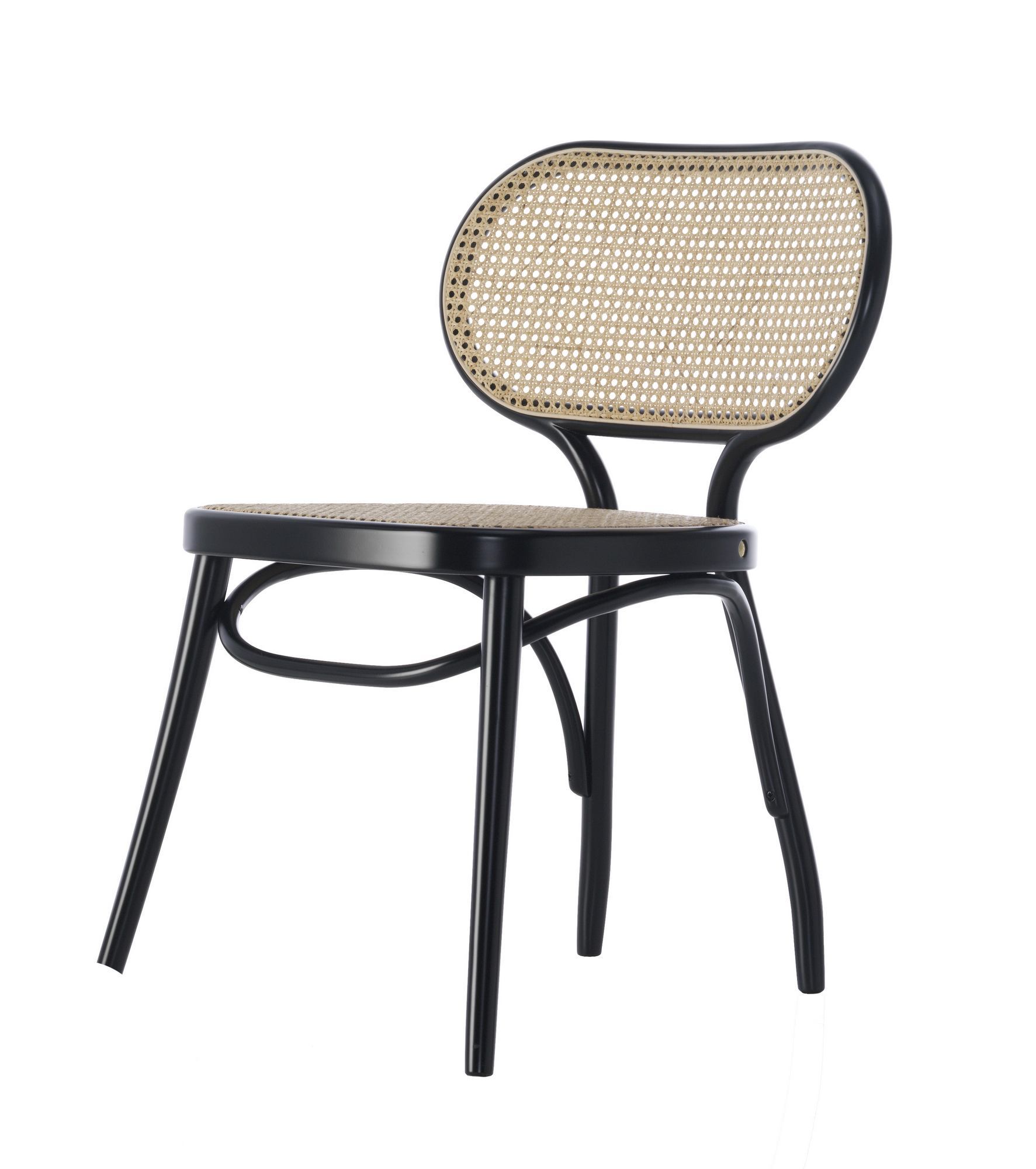 Bodystuhl Stuhl: Schwarzer Holzstuhl mit Wiener Geflecht Sitzfläche und Rückenlehne. Design Stuhl.