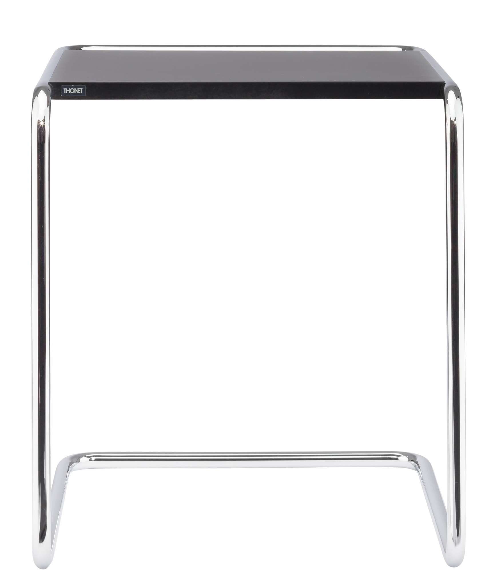 B97 Thonet Beistelltisch mit schwarzer Tischplatte und verchromtem Stahlrohrgestell, Frontansicht.