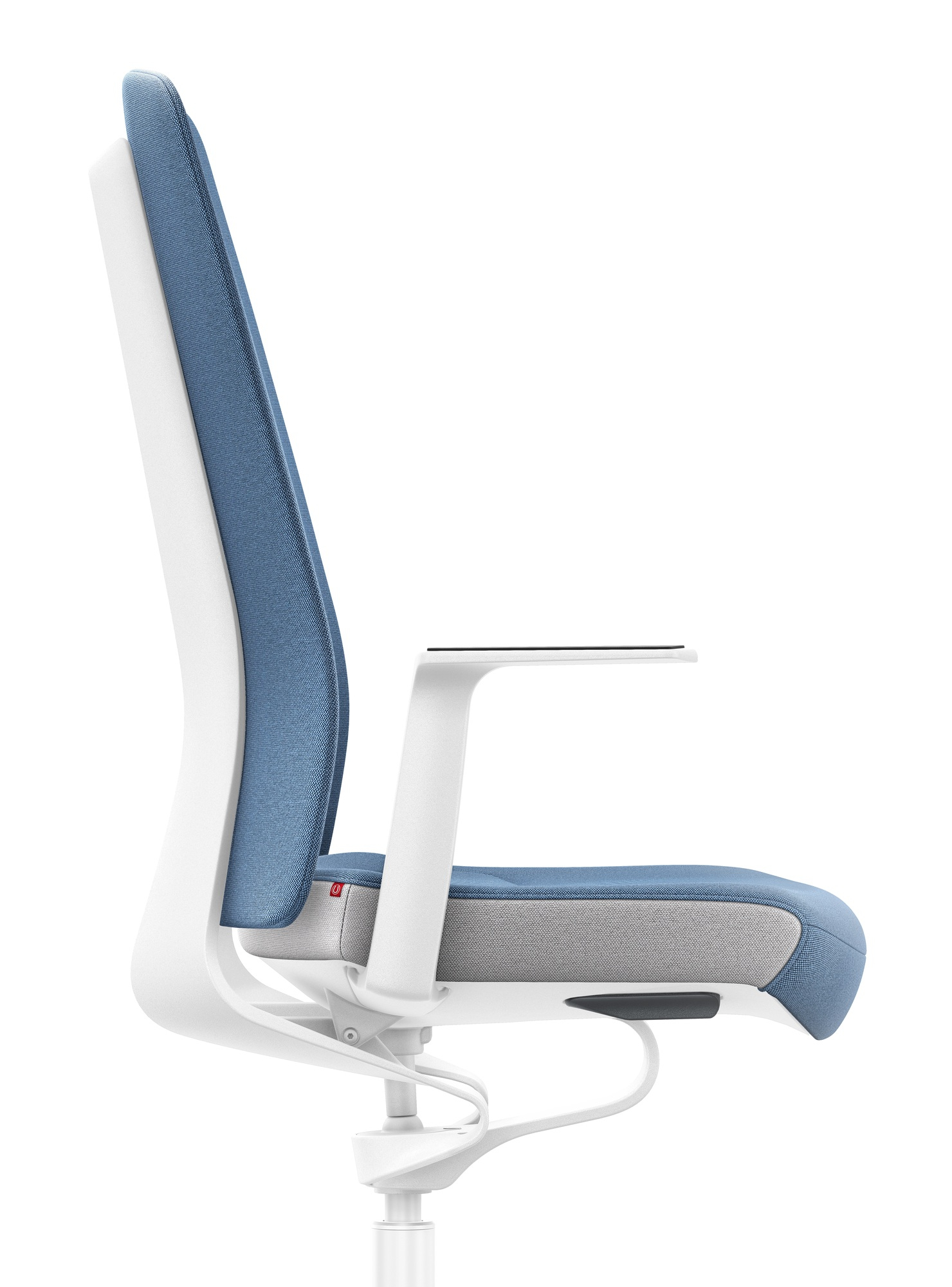 Seitenansicht: Blauer Interstuhl Bürodrehstuhl mit weißem Rahmen, ergonomischer Bürostuhl für modernes Büro.