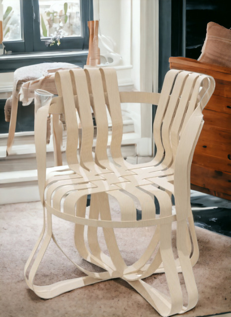 Cross Check Stuhl von Knoll International mit Armlehnen, gefertigt aus hellem Holz, modernes Design.