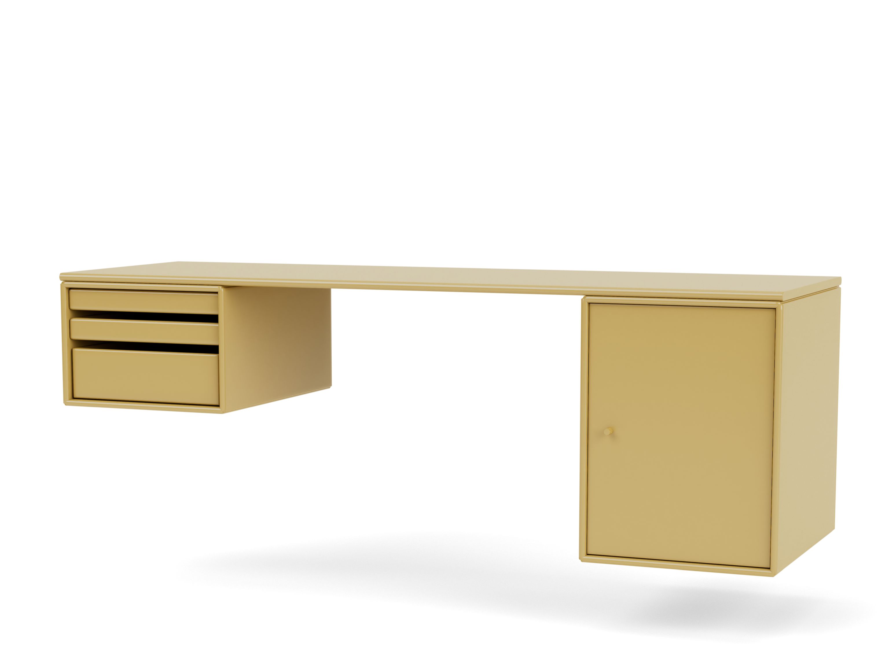 WORKSHOP Montana Schreibtisch in Senfgelb mit Schubladen und Schrank für Büro und Arbeitszimmer.