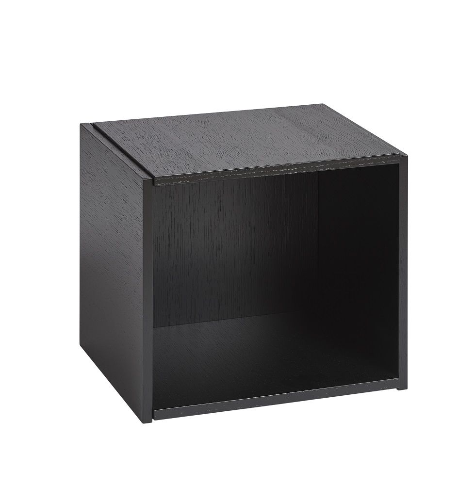 Schwarzes, offenes Würfelregal aus Eiche (Bricks Cube) für modulare Regalsysteme.