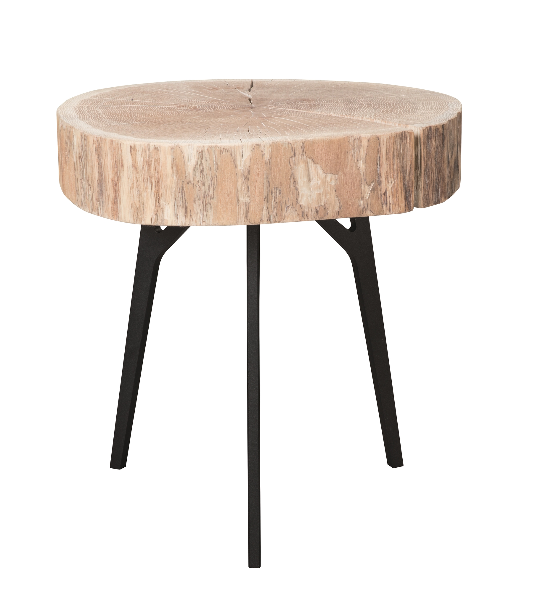 Stomp Beistelltisch mit Baumscheiben-Tischplatte und schwarzen Metallbeinen, rustikaler Holztisch für Wohnzimmer.