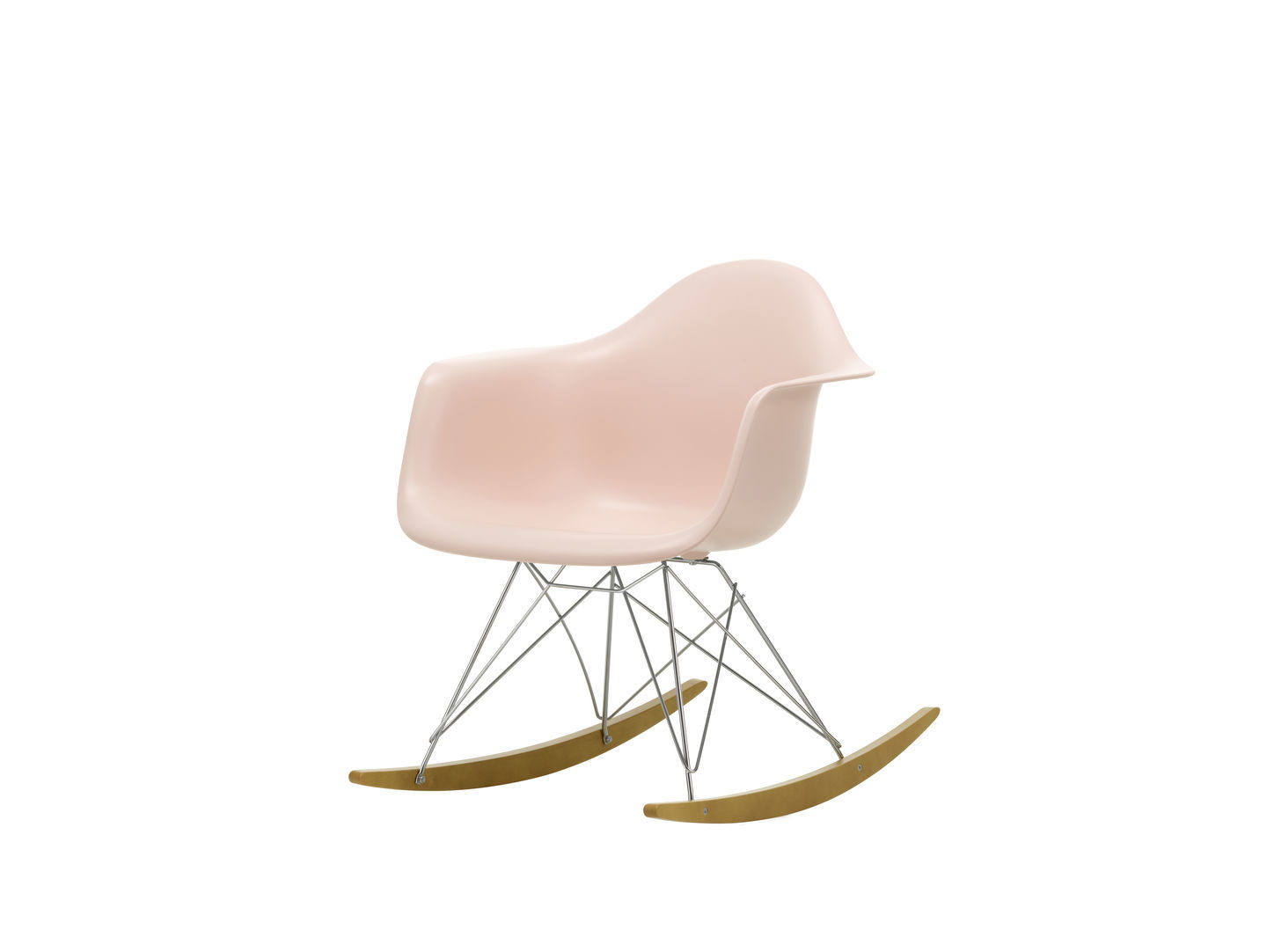Vitra Eames Plastic Armchair RAR Schaukelstuhl in Rosa mit Ahorn-Kufen und verchromtem Gestell.