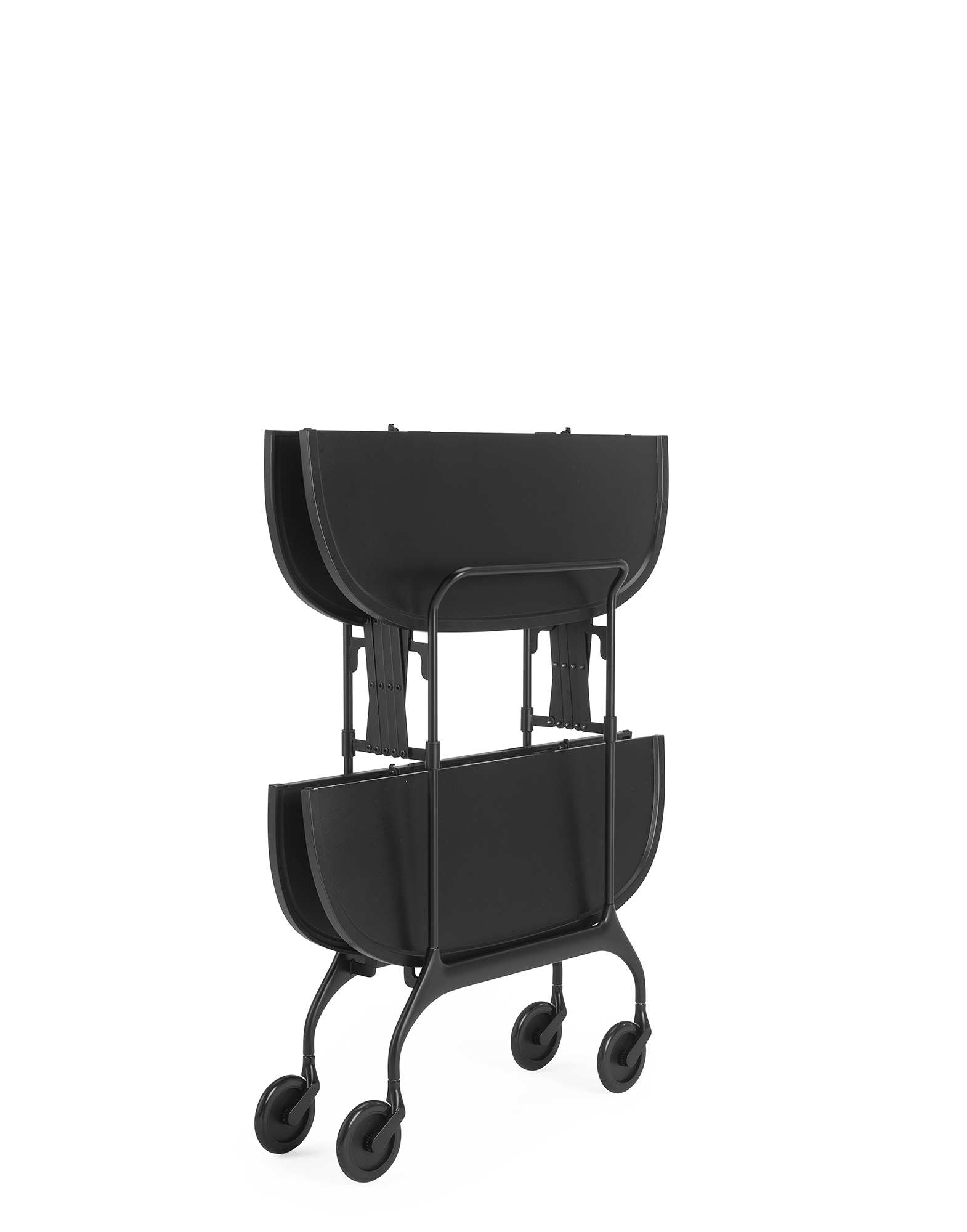 Schwarzer Gastone Servierwagen von Kartell, zusammengeklappt, mit zwei Ablageflächen und Rollen.