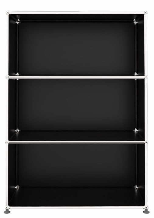 Schwarzes USM Haller Highboard mit drei offenen Fächern und verchromtem Gestell für stilvolle Büroeinrichtung.