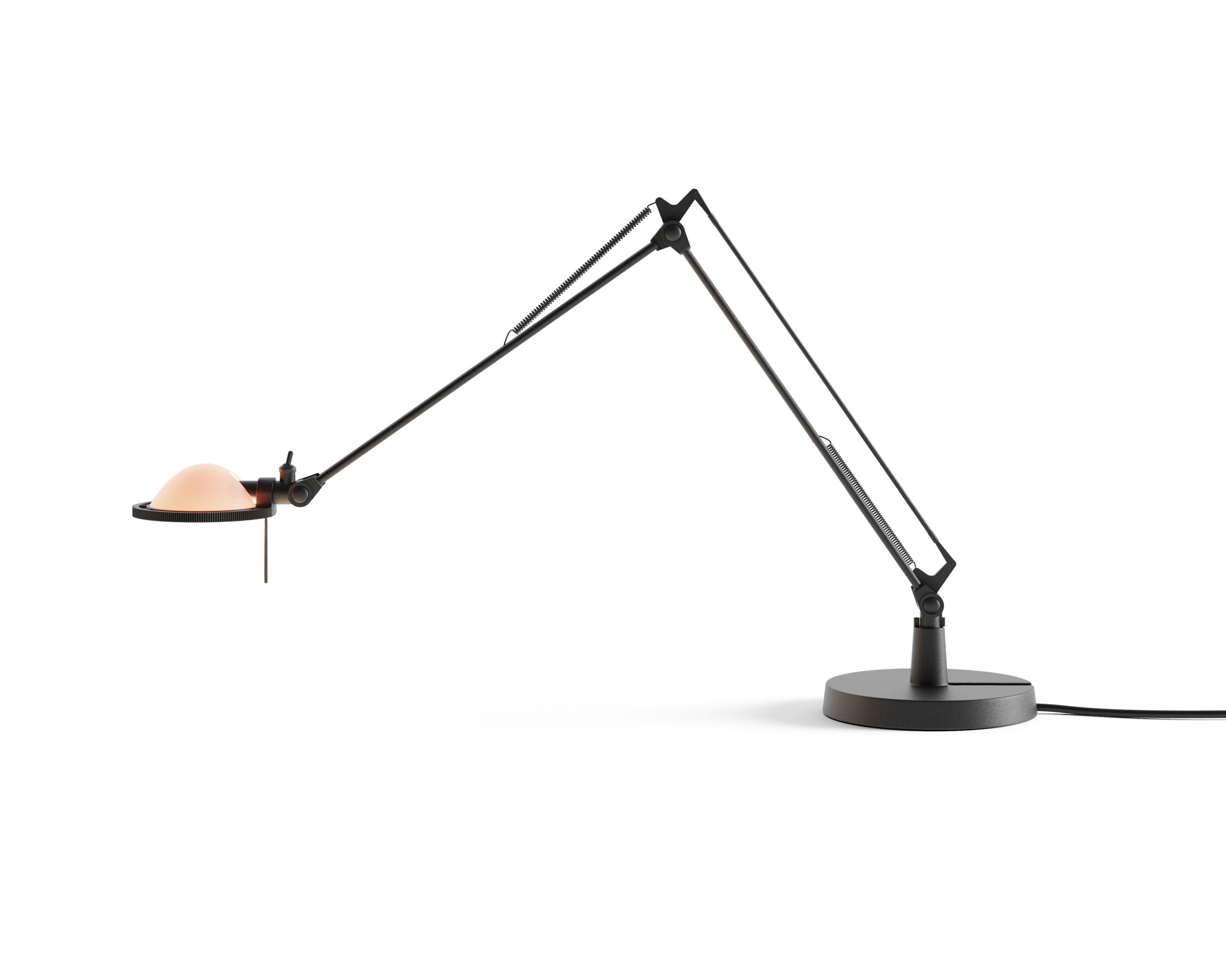 Schwarze Luceplan Berenice Tischleuchte mit rosa Glasreflektor, flexibel verstellbar, für Schreibtisch und Arbeitsplatz.