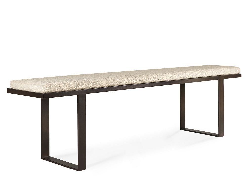 Stability Bank von Ethnicraft: Moderne Sitzbank mit beigem Stoffbezug und dunklem Metallgestell.