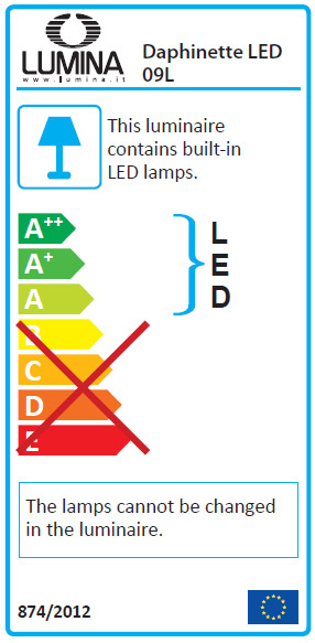 Energieeffizienzlabel der Daphinette LED Tischleuchte von Lumina mit integrierten, nicht austauschbaren LED-Lampen.