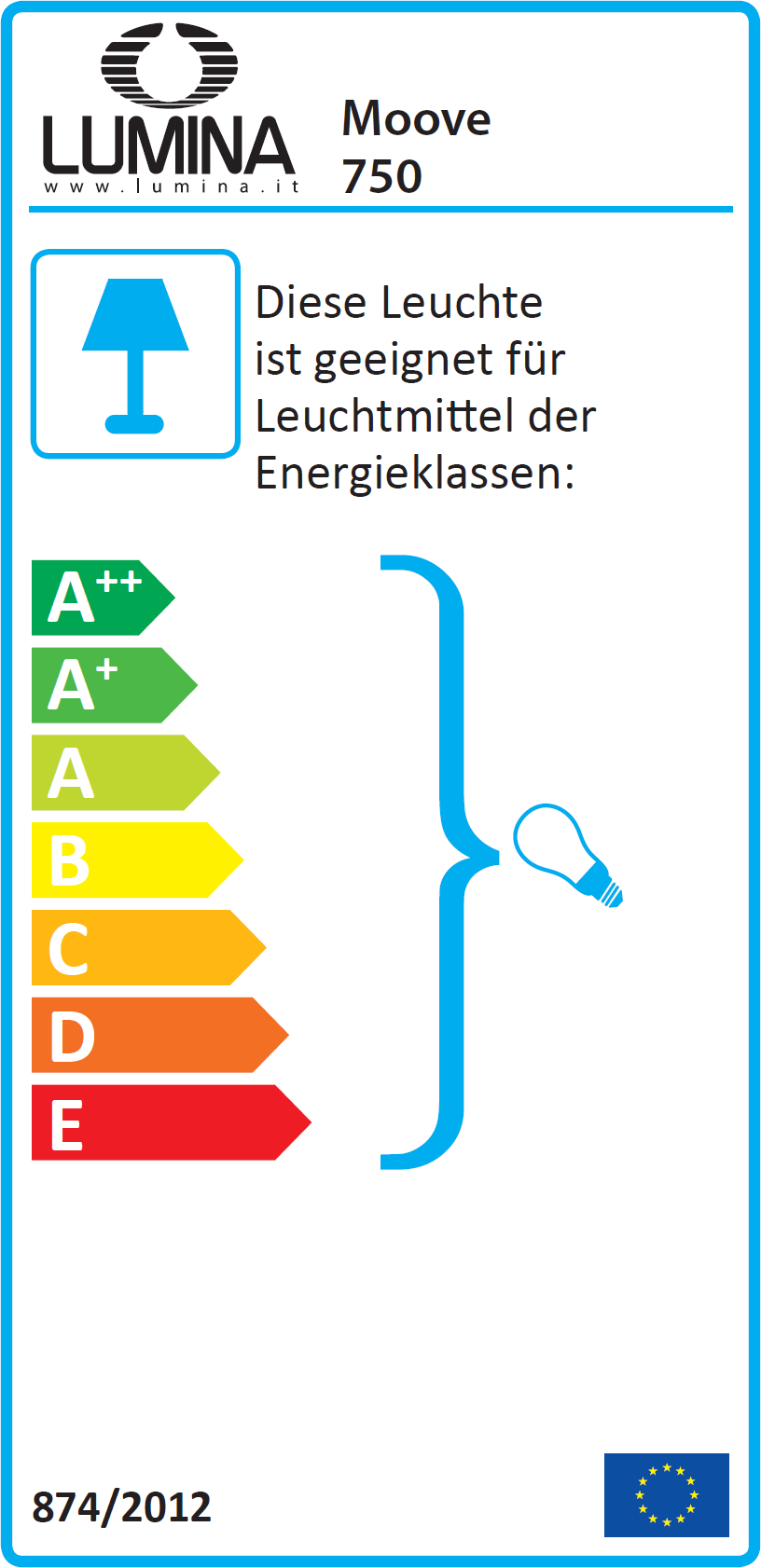Energieeffizienzlabel der Moove Pendelleuchte Lumina mit den Klassen A++ bis E.