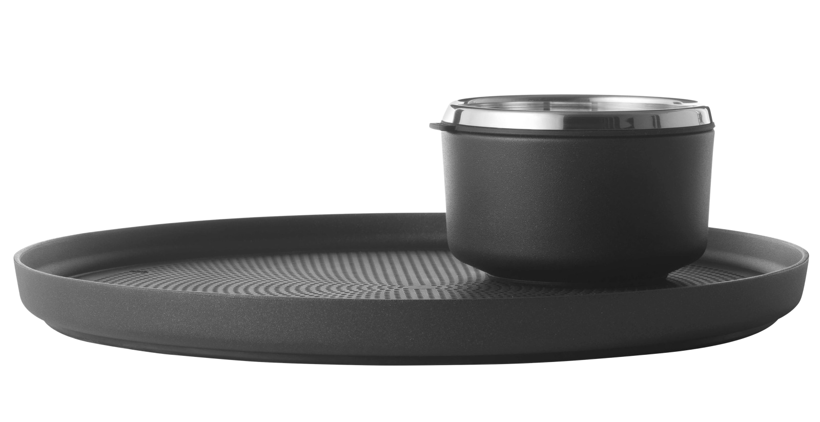Schwarzes Vipp Tablett mit Abtropffläche und passendem Behälter für Küche oder Badezimmer.