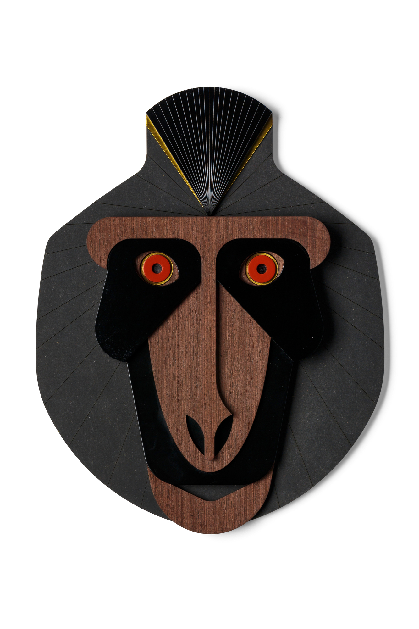 The Monkey Wandschmuck Umasqu: Dekorative Affen Wandkunst aus Holz und Acryl mit roten Augen.