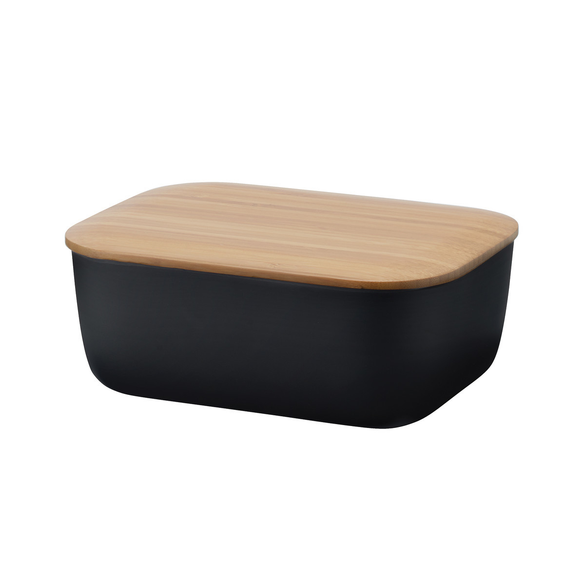 Schwarze BOX-IT Butterdose von RIG TIG by Stelton mit Bambusdeckel, ideal zur Aufbewahrung von Butter.