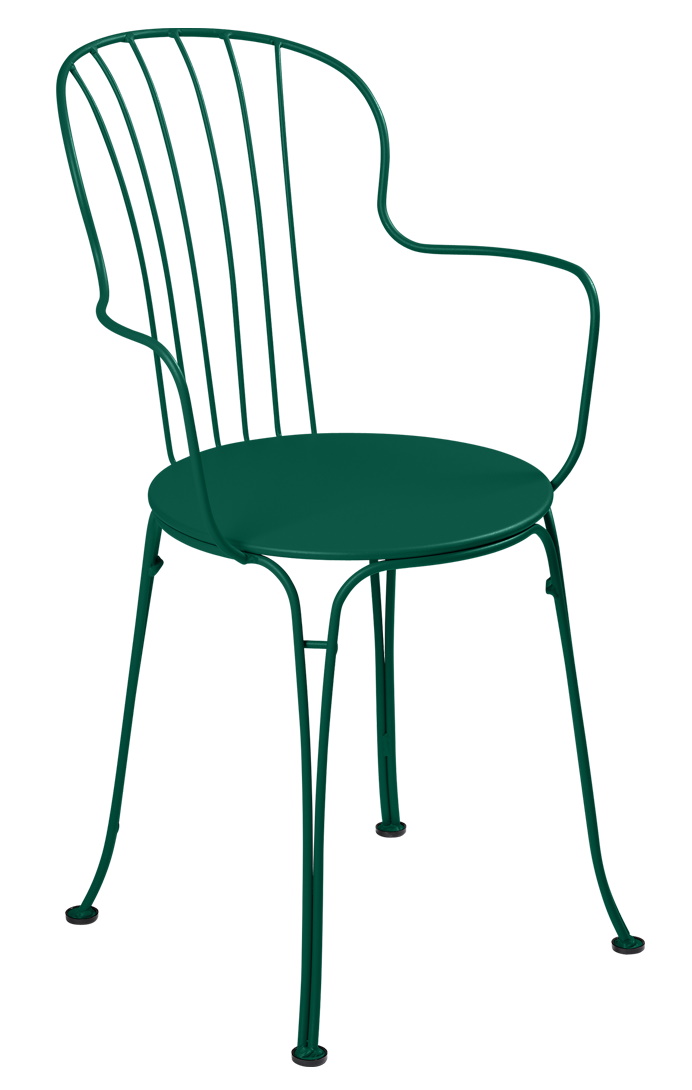 Grüner Opéra+ Stuhl von Fermob für den Outdoor-Bereich, Garten und Terrasse. Metallstuhl mit Armlehnen.