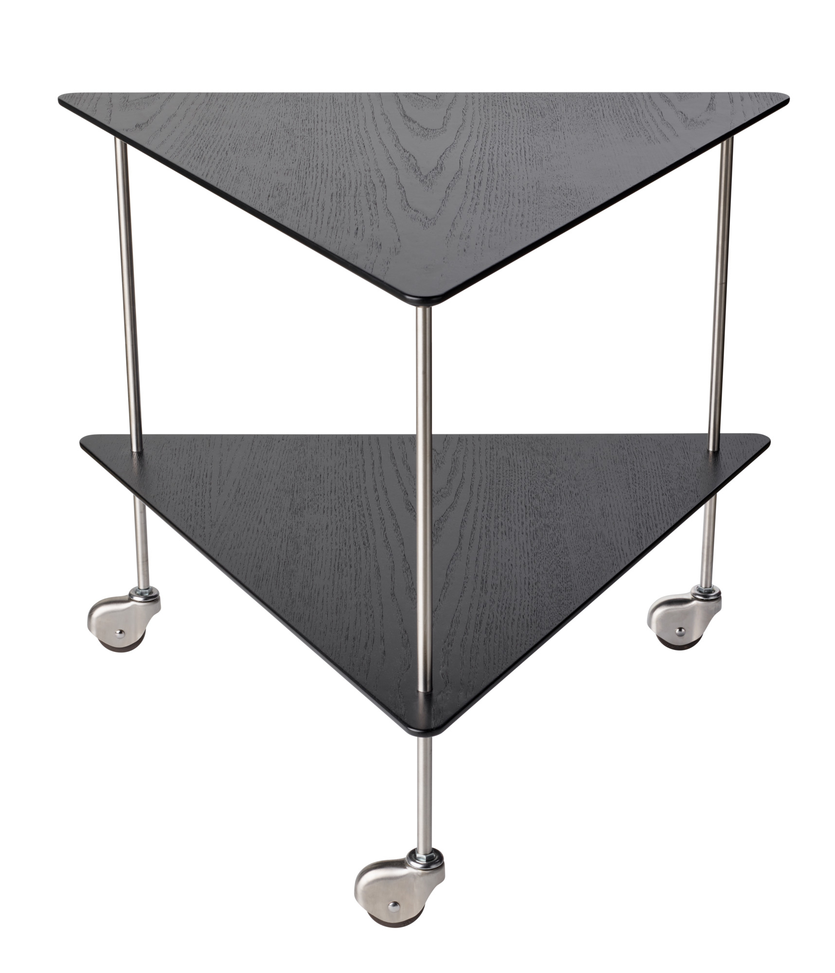 Schwarzer AJ Trolley Beistelltisch von Fritz Hansen mit zwei dreieckigen Ebenen und Rollen.