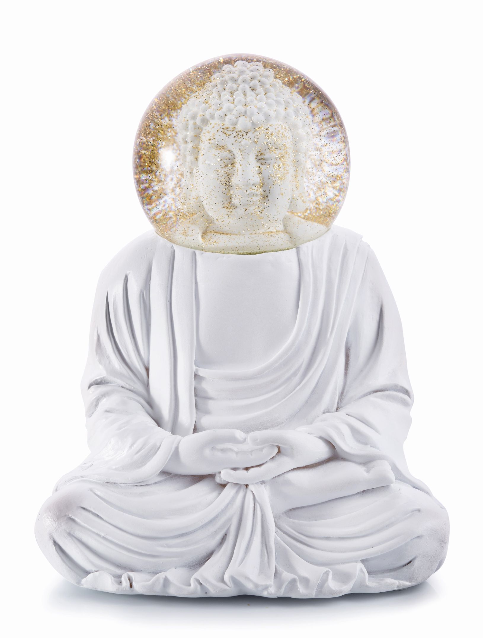 Summerglobes The White Buddha Glitzerkugel: Weiße Buddha Figur mit Glitzerkugel als Kopf. Meditative Dekoration.