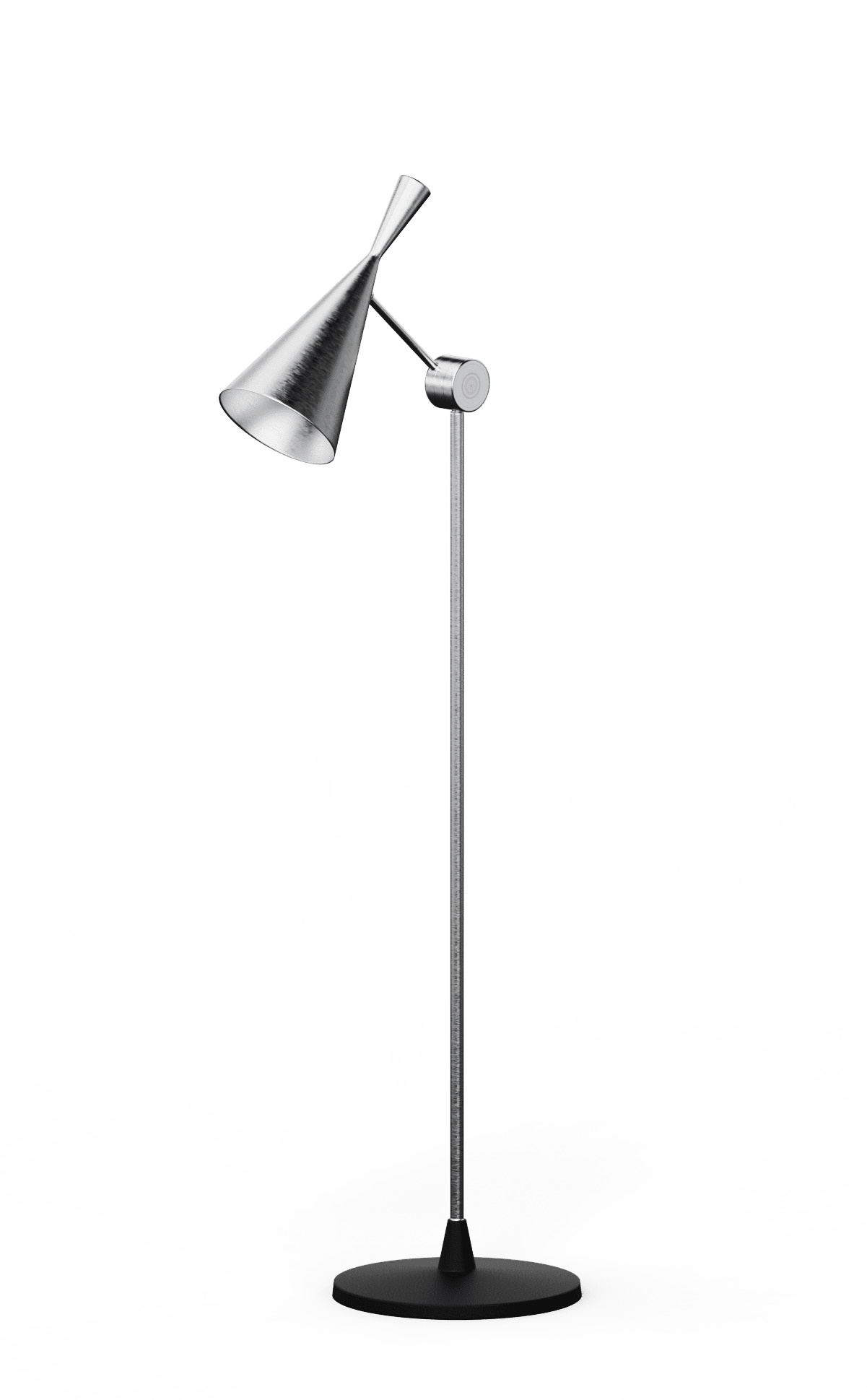 Unbeaten Stehleuchte von Tom Dixon, silberfarben, mit konischem Lampenschirm und schwarzem Fuß für Wohnzimmer und Büro.