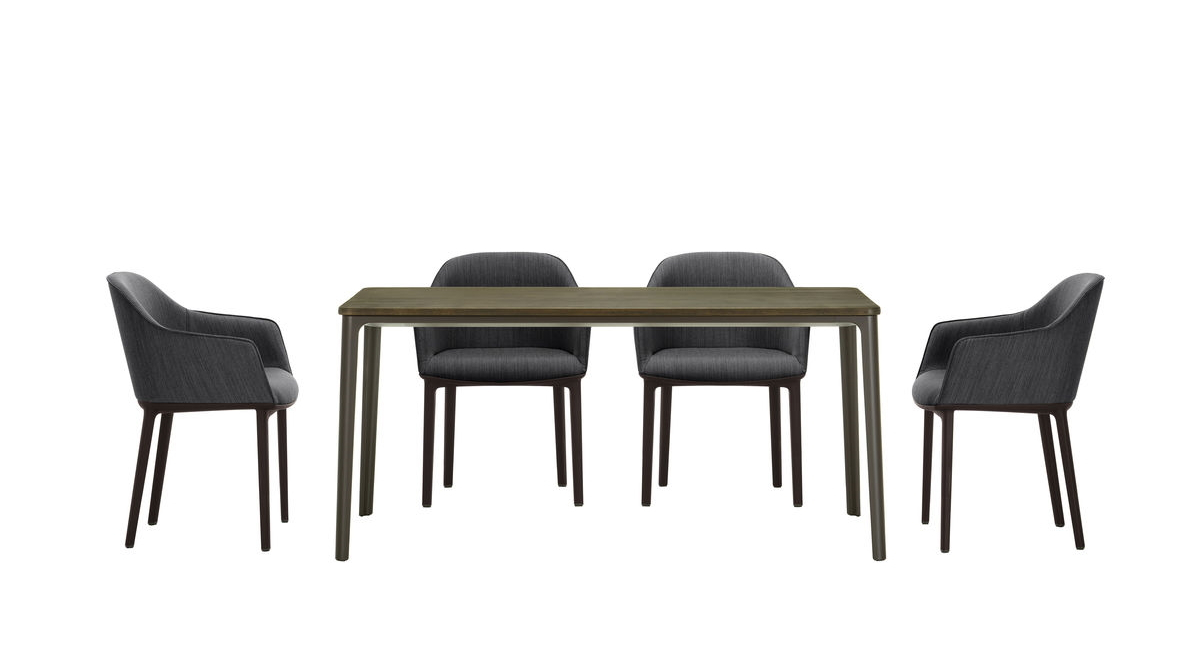 Esstisch mit vier grauen Vitra Softshell Chairs mit Vierfußgestell, modernes Design.